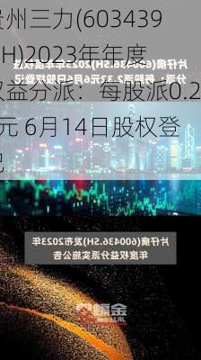 贵州三力(603439.SH)2023年年度权益分派：每股派0.20元 6月14日股权登记