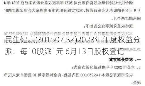 民生健康(301507.SZ)2023年年度权益分派：每10股派1元 6月13日股权登记