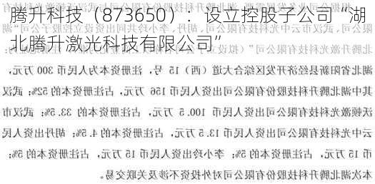 腾升科技（873650）：设立控股子公司“湖北腾升激光科技有限公司”