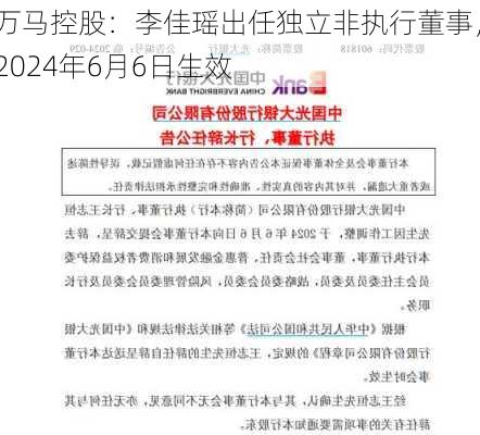 万马控股：李佳瑶出任独立非执行董事，2024年6月6日生效