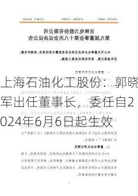 上海石油化工股份：郭晓军出任董事长，委任自2024年6月6日起生效