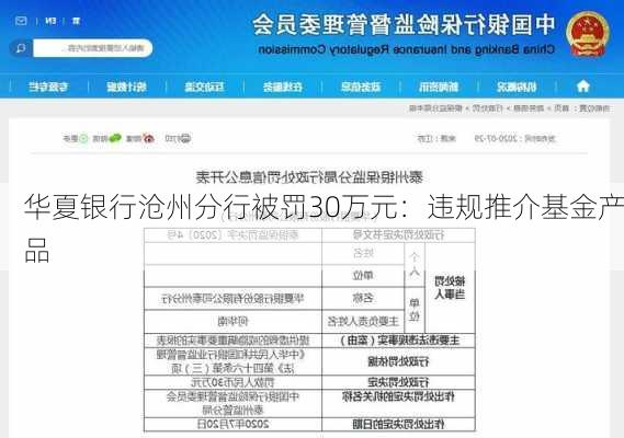 华夏银行沧州分行被罚30万元：违规推介基金产品