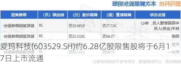 爱玛科技(603529.SH)约6.28亿股限售股将于6月17日上市流通