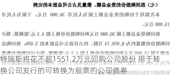 特瑞斯将花不超1551.2万元回购公司股份 用于转换公司发行的可转换为股票的公司债券