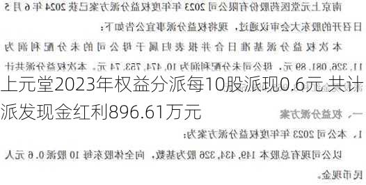 上元堂2023年权益分派每10股派现0.6元 共计派发现金红利896.61万元