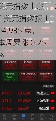 美元指数上涨：ICE 美元指数报 104.935 点，本周累涨 0.25%