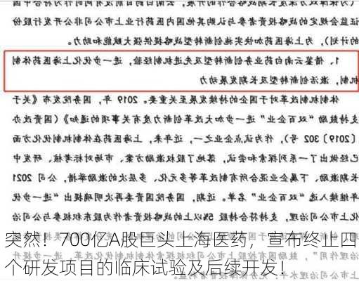 突然！700亿A股巨头上海医药，宣布终止四个研发项目的临床试验及后续开发！