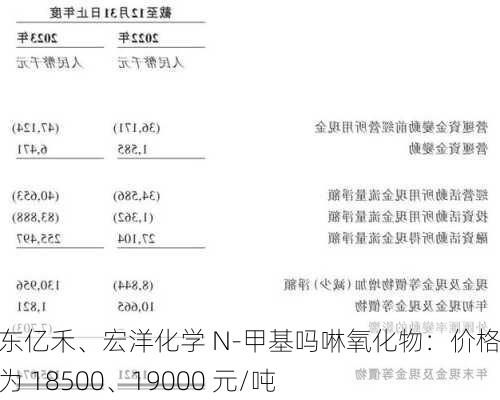 山东亿禾、宏洋化学 N-甲基吗啉氧化物：价格分别为 18500、19000 元/吨