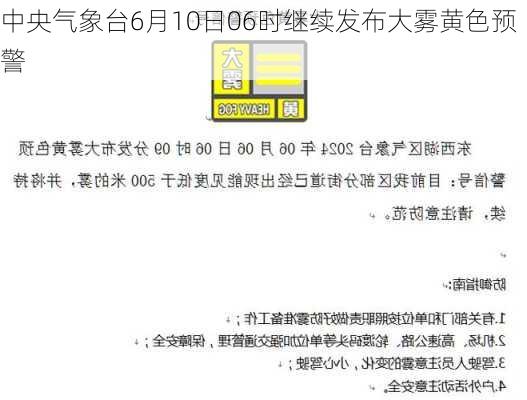 中央气象台6月10日06时继续发布大雾黄色预警