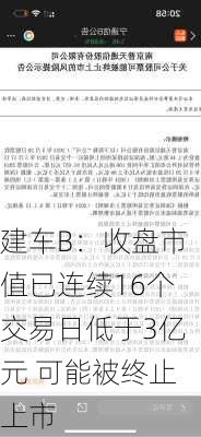 建车B：收盘市值已连续16个交易日低于3亿元 可能被终止上市