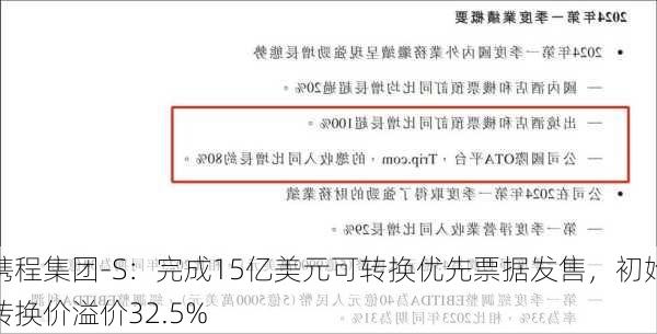 携程集团-S：完成15亿美元可转换优先票据发售，初始转换价溢价32.5%