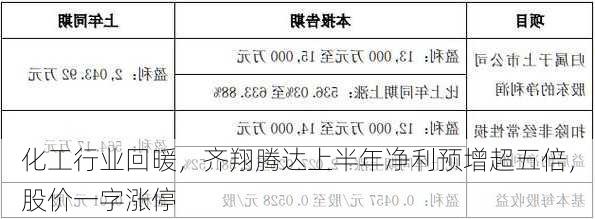 化工行业回暖，齐翔腾达上半年净利预增超五倍，股价一字涨停