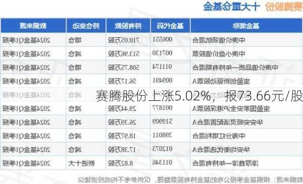 赛腾股份上涨5.02%，报73.66元/股