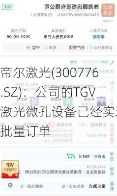 帝尔激光(300776.SZ)：公司的TGV激光微孔设备已经实现小批量订单