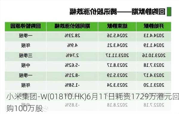 小米集团-W(01810.HK)6月11日耗资1729万港元回购100万股