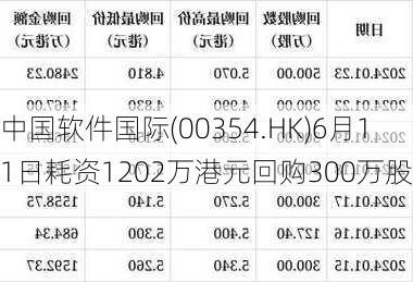 中国软件国际(00354.HK)6月11日耗资1202万港元回购300万股