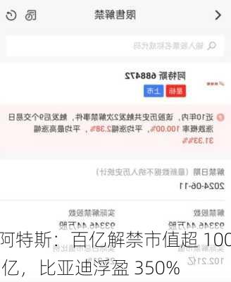 阿特斯：百亿解禁市值超 100 亿，比亚迪浮盈 350%