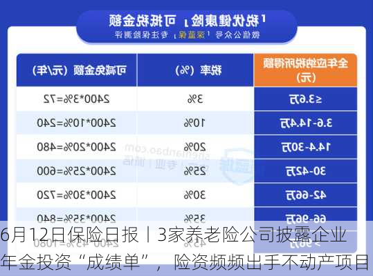 6月12日保险日报丨3家养老险公司披露企业年金投资“成绩单”，险资频频出手不动产项目