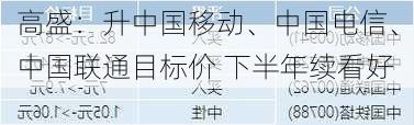 高盛：升中国移动、中国电信、中国联通目标价 下半年续看好