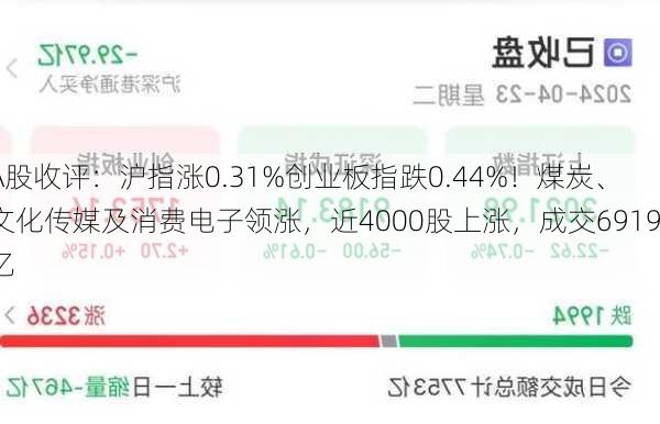 A股收评：沪指涨0.31%创业板指跌0.44%！煤炭、文化传媒及消费电子领涨，近4000股上涨，成交6919亿