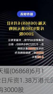 天福(06868)6月12日斥资1.38万港元回购3000股