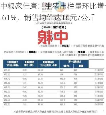 中粮家佳康：生猪出栏量环比增长8.61%，销售均价达16元/公斤