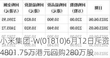 小米集团-W(01810)6月12日斥资4801.75万港元回购280万股