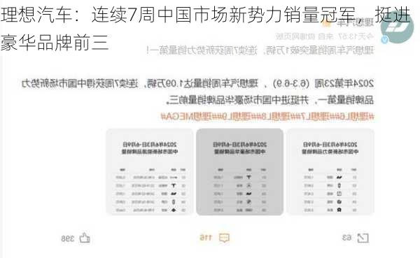 理想汽车：连续7周中国市场新势力销量冠军，挺进豪华品牌前三