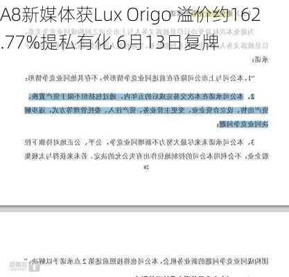 A8新媒体获Lux Origo 溢价约162.77%提私有化 6月13日复牌