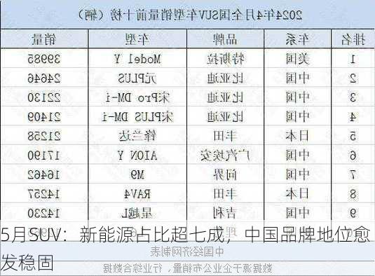 5月SUV：新能源占比超七成，中国品牌地位愈发稳固