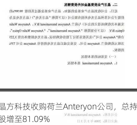 晶方科技收购荷兰Anteryon公司，总持股增至81.09%