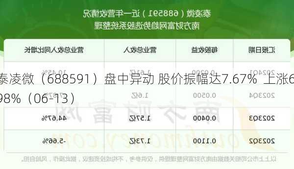 泰凌微（688591）盘中异动 股价振幅达7.67%  上涨6.98%（06-13）