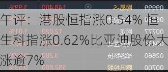 午评：港股恒指涨0.54% 恒生科指涨0.62%比亚迪股份大涨逾7%