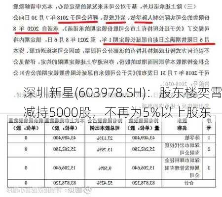 深圳新星(603978.SH)：股东楼奕霄减持5000股，不再为5%以上股东