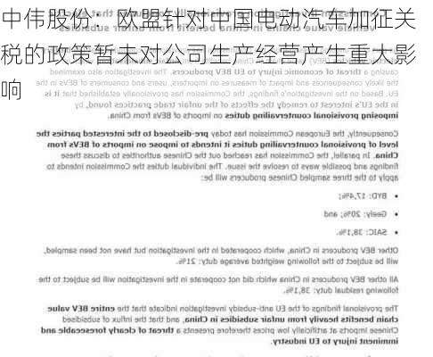 中伟股份：欧盟针对中国电动汽车加征关税的政策暂未对公司生产经营产生重大影响