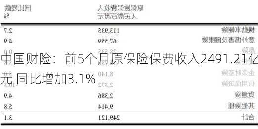 中国财险：前5个月原保险保费收入2491.21亿元 同比增加3.1%