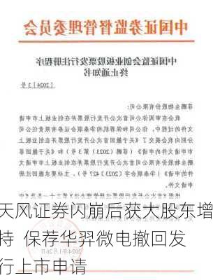 天风证券闪崩后获大股东增持  保荐华羿微电撤回发行上市申请