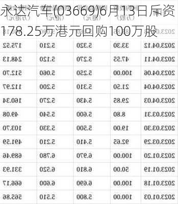 永达汽车(03669)6月13日斥资178.25万港元回购100万股