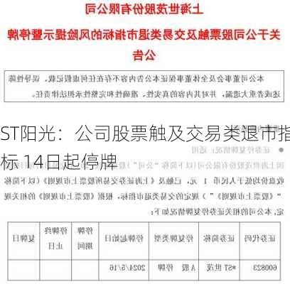 ST阳光：公司股票触及交易类退市指标 14日起停牌