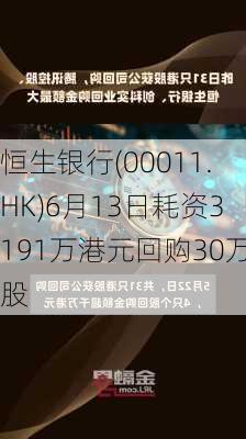 恒生银行(00011.HK)6月13日耗资3191万港元回购30万股