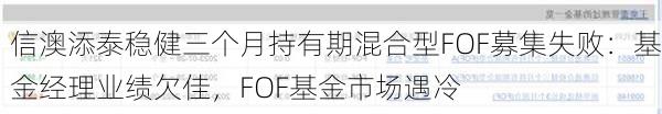 信澳添泰稳健三个月持有期混合型FOF募集失败：基金经理业绩欠佳，FOF基金市场遇冷