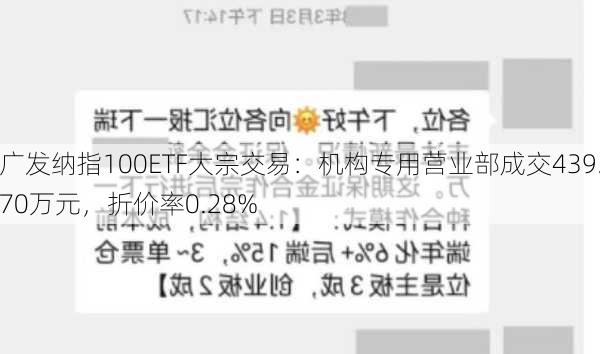 广发纳指100ETF大宗交易：机构专用营业部成交439.70万元，折价率0.28%