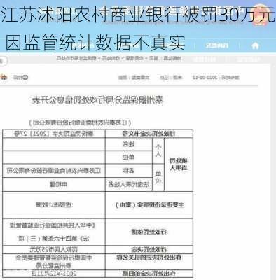 江苏沭阳农村商业银行被罚30万元 因监管统计数据不真实