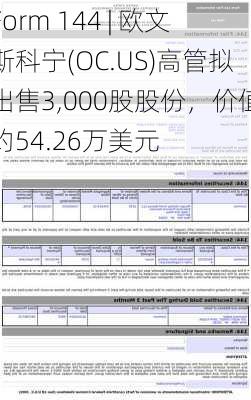 Form 144 | 欧文斯科宁(OC.US)高管拟出售3,000股股份，价值约54.26万美元