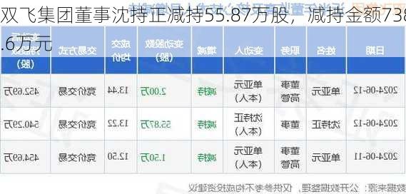 双飞集团董事沈持正减持55.87万股，减持金额738.6万元