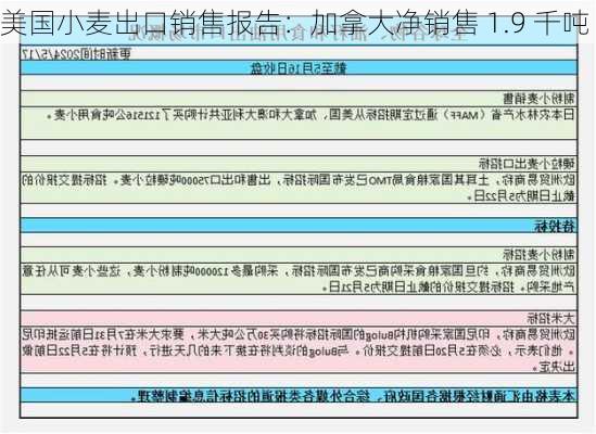 美国小麦出口销售报告：加拿大净销售 1.9 千吨