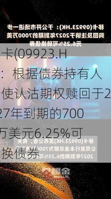 移卡(09923.HK)：根据债券持有人行使认沽期权赎回于2027年到期的7000万美元6.25%可转换债券