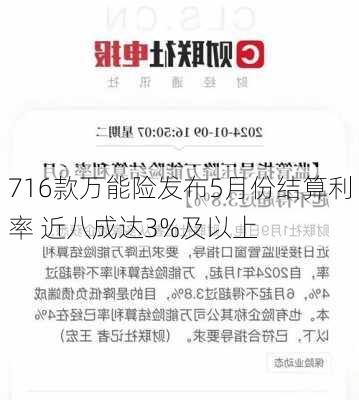 716款万能险发布5月份结算利率 近八成达3%及以上