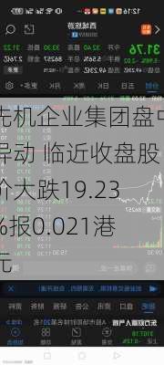 先机企业集团盘中异动 临近收盘股价大跌19.23%报0.021港元