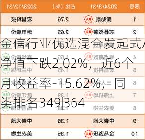 金信行业优选混合发起式A：净值下跌2.02%，近6个月收益率-15.62%，同类排名349|364